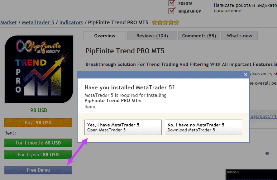 Подтверждение загрузки индикатора в терминал MetaTrader