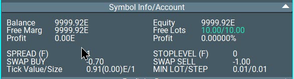 Блок информации о символе в панели торговли Forex