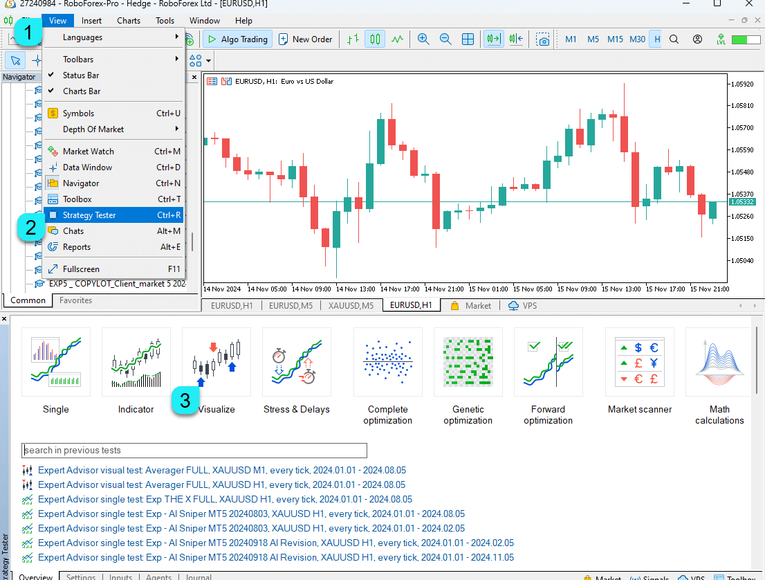 Interfaz del Strategy Tester de MetaTrader 5