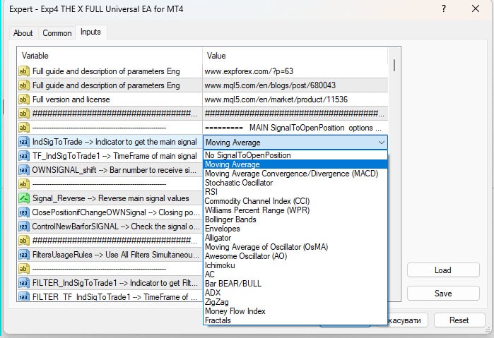 List of indicators and filters The X Universal EA
