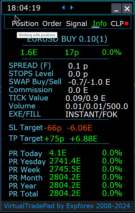 Trade Pad VirtualTradePad: Info tab