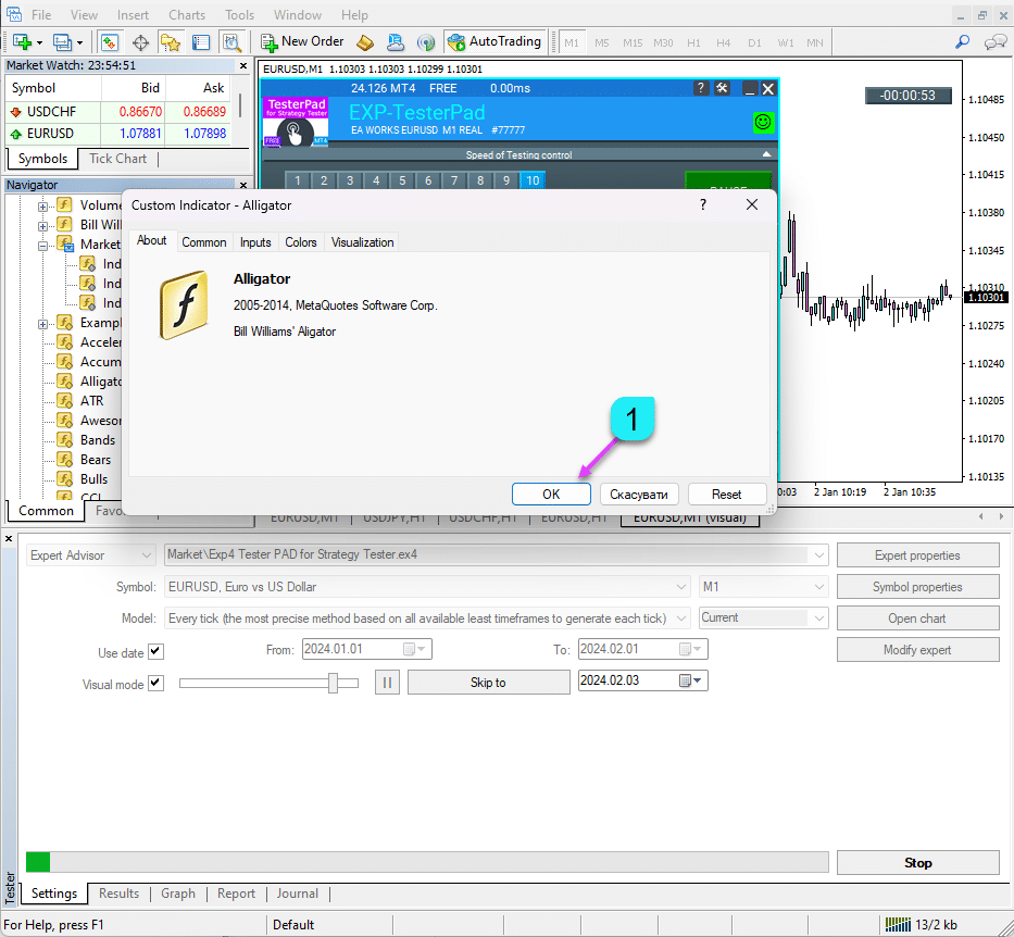 Carga de Indicadores en Strategy Tester MT4 Paso 3