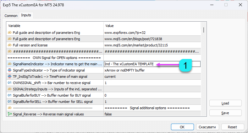 Dopo di ciò, specifica questo file nelle impostazioni del consulente SignalNameIndicator.